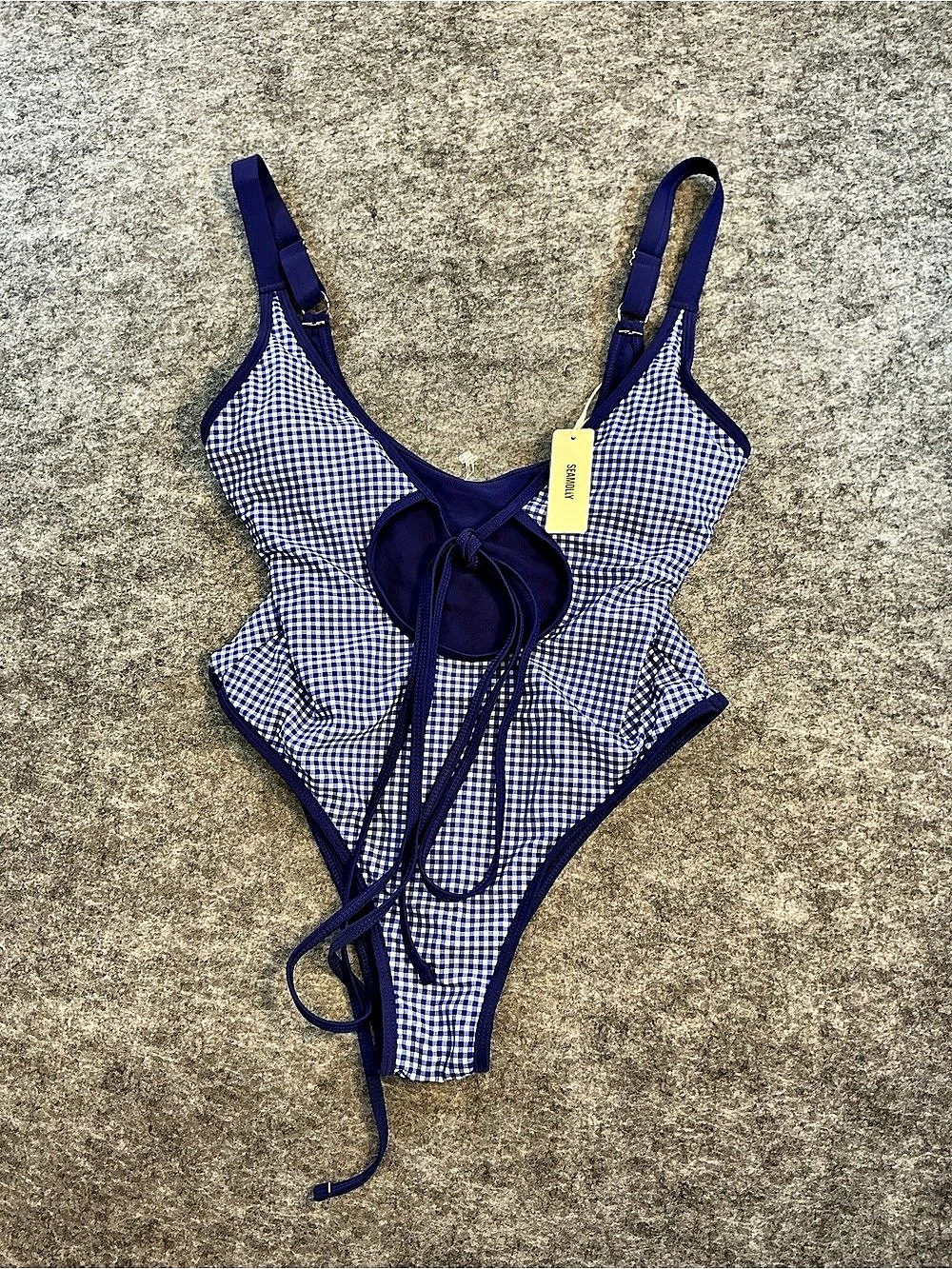 Seamolly Gingham Tie Around Criss Cross Backless Plunging Neck One-piece Size M